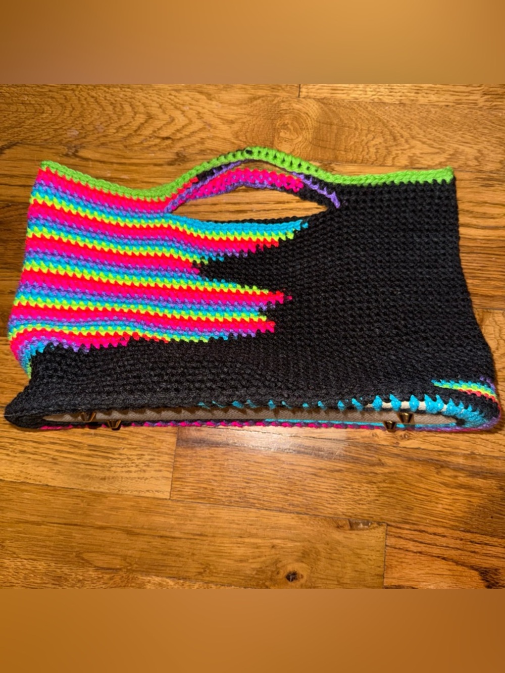 Handmade Black Crochet Tote with Neon Rainbow Stripes